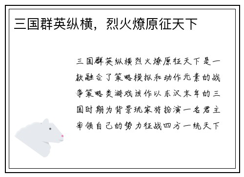 三国群英纵横，烈火燎原征天下