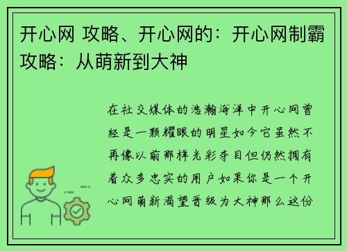 开心网 攻略、开心网的：开心网制霸攻略：从萌新到大神